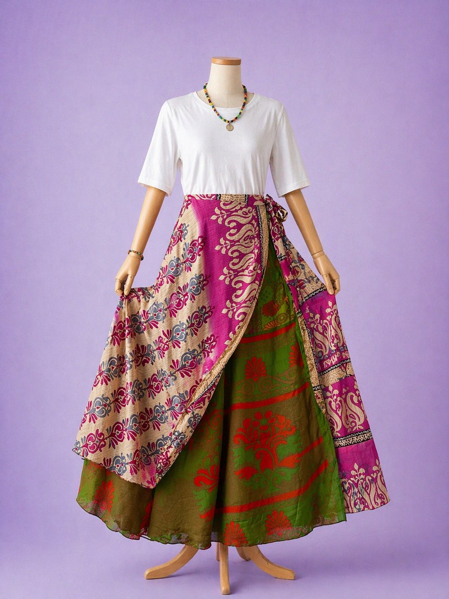 Çift Taraflı Bağlamalı İpek Etek Sarong – Pembe Desenli (Nepal)
