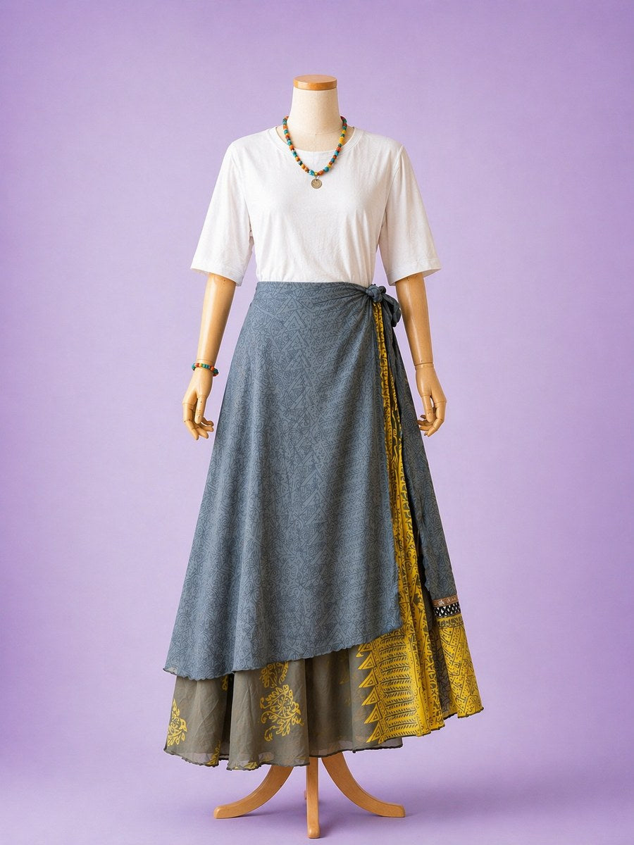 Çift Taraflı Bağlamalı İpek Etek Sarong – Gri Sarı Desenli (Nepal)