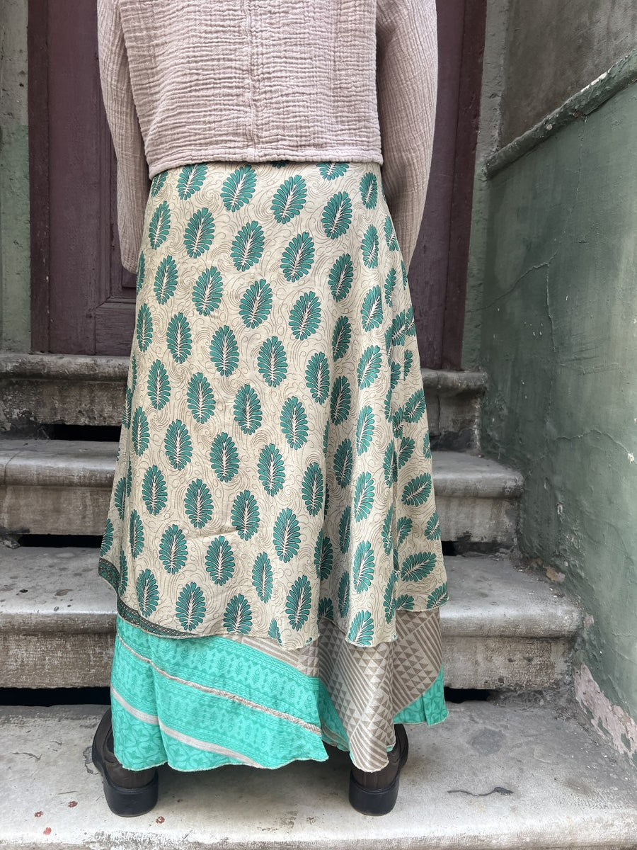 Bohem Nepal Yeşil Yapraklı Desenli Bağlamalı İpek Etek