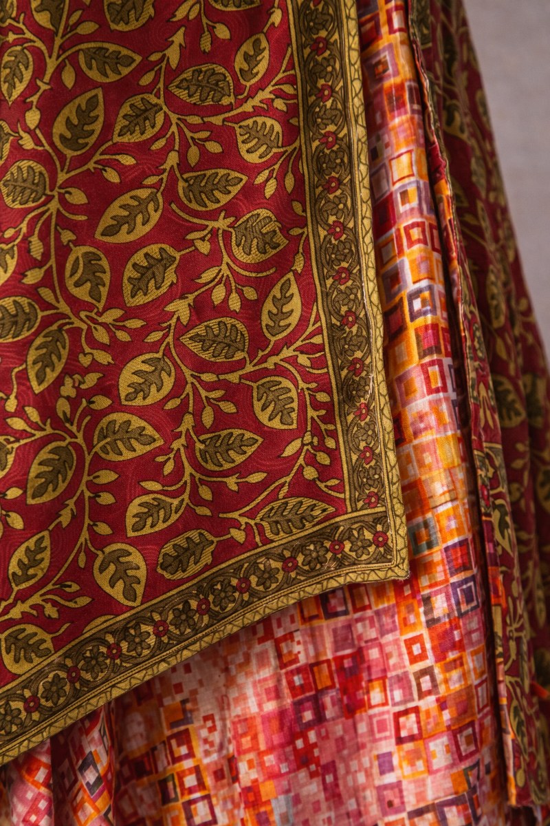 Çift Taraflı Bağlamalı İpek Etek – Haki Bordo