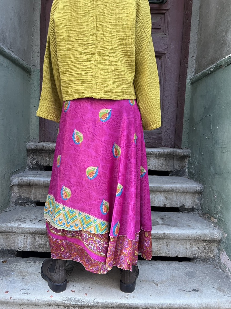 Çift Taraflı Nepal Bohem İpek Etek – Pembe Desenli