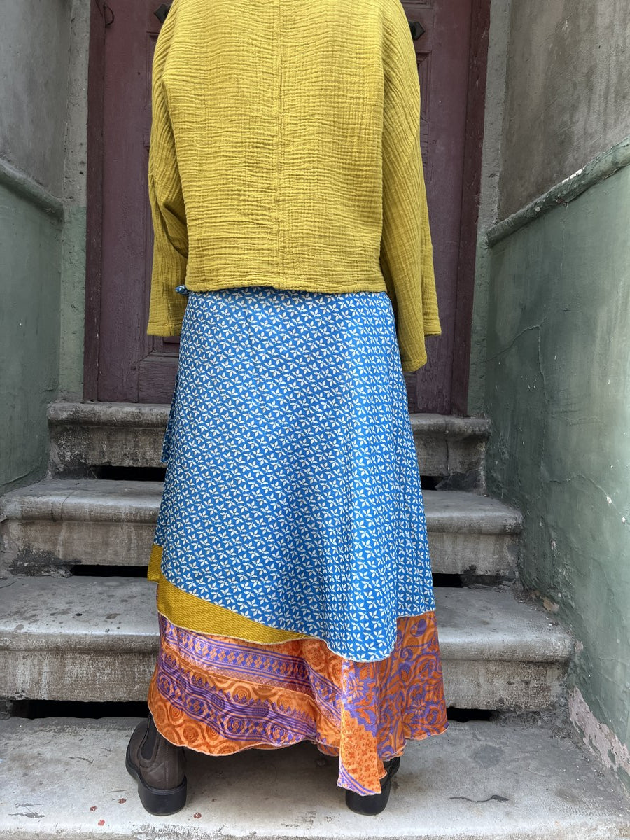 Bohem Çift Taraflı İpek Etek – Mavi - Büyük Bedene Uyumlu