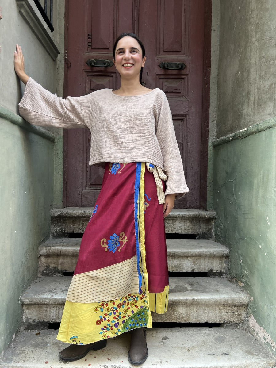 Çift Taraflı Nepal Bohem İpek Etek – Bordo Sarı Desenli
