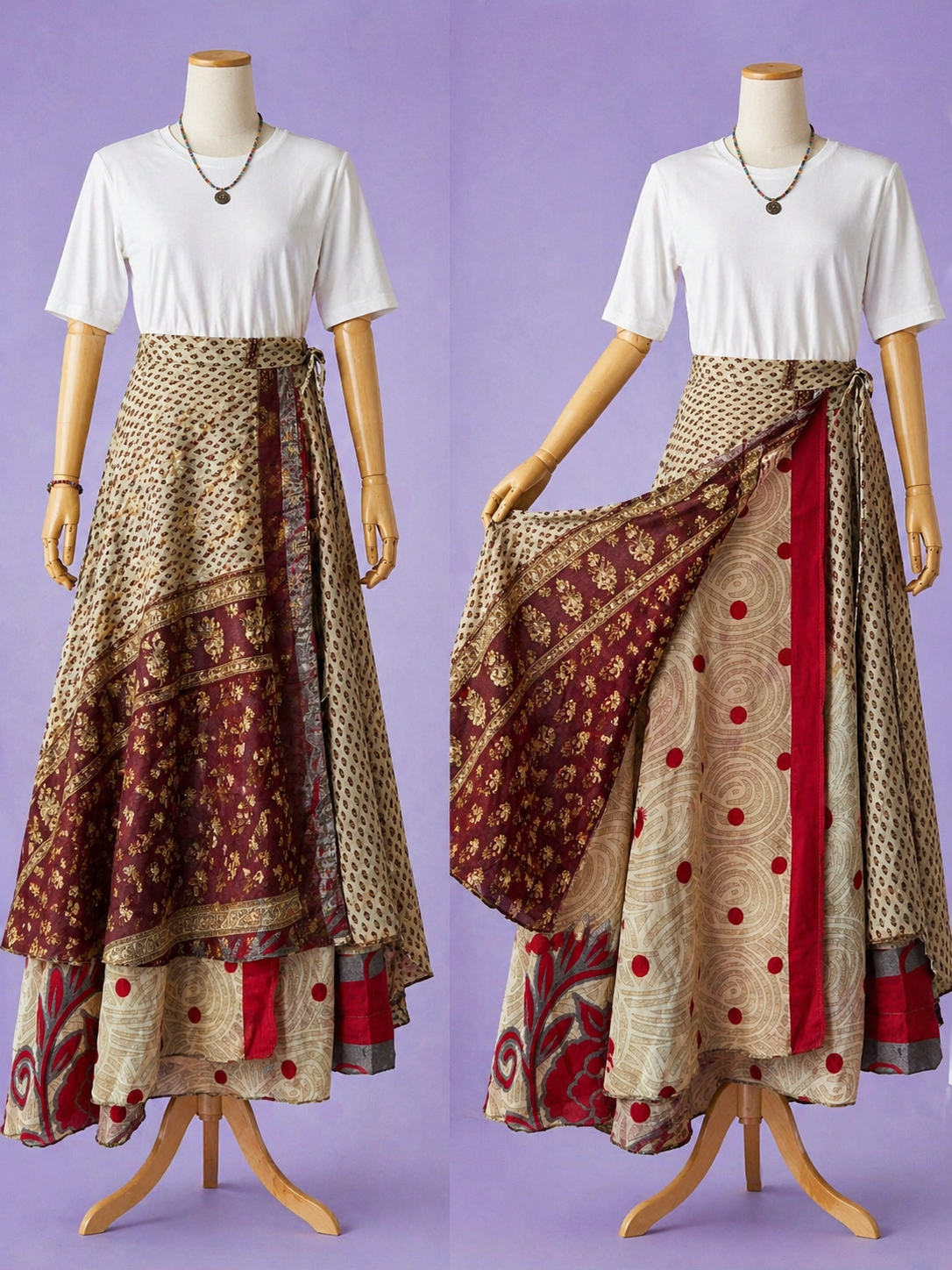 Çift Taraflı Bağlamalı İpek Etek Sarong – Bordo Bej Desenli (Nepal)