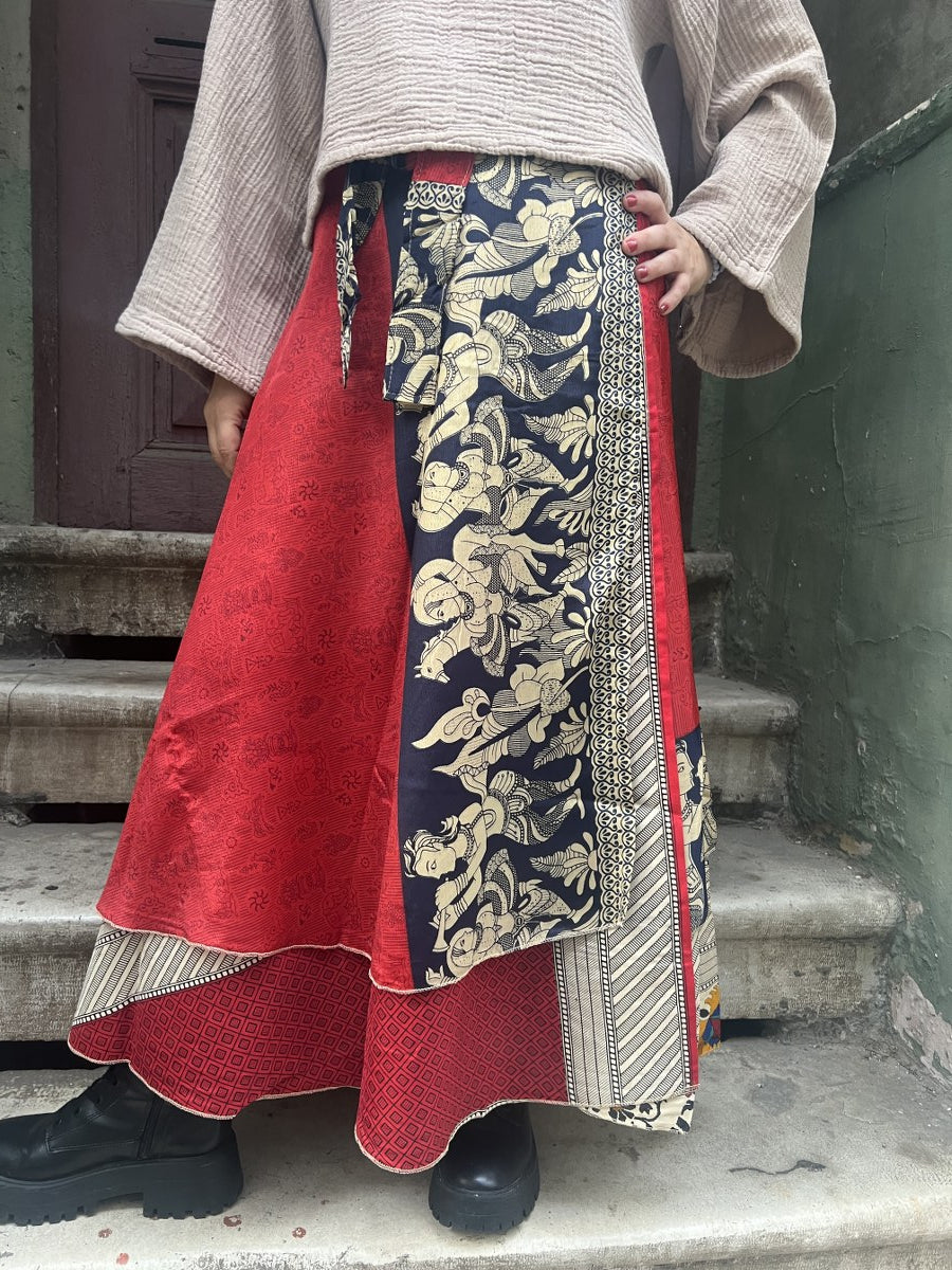 Bohem Nepal Desenli Bağlamalı İpek Etek