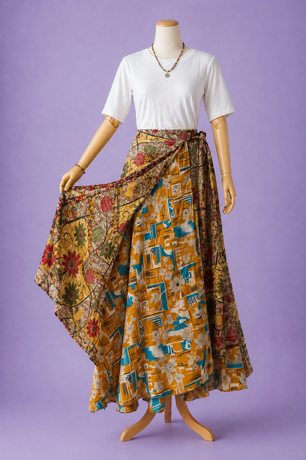 Çift Taraflı Bağlamalı İpek Etek Sarong – Kahve Çiçek Desenli (Nepal)