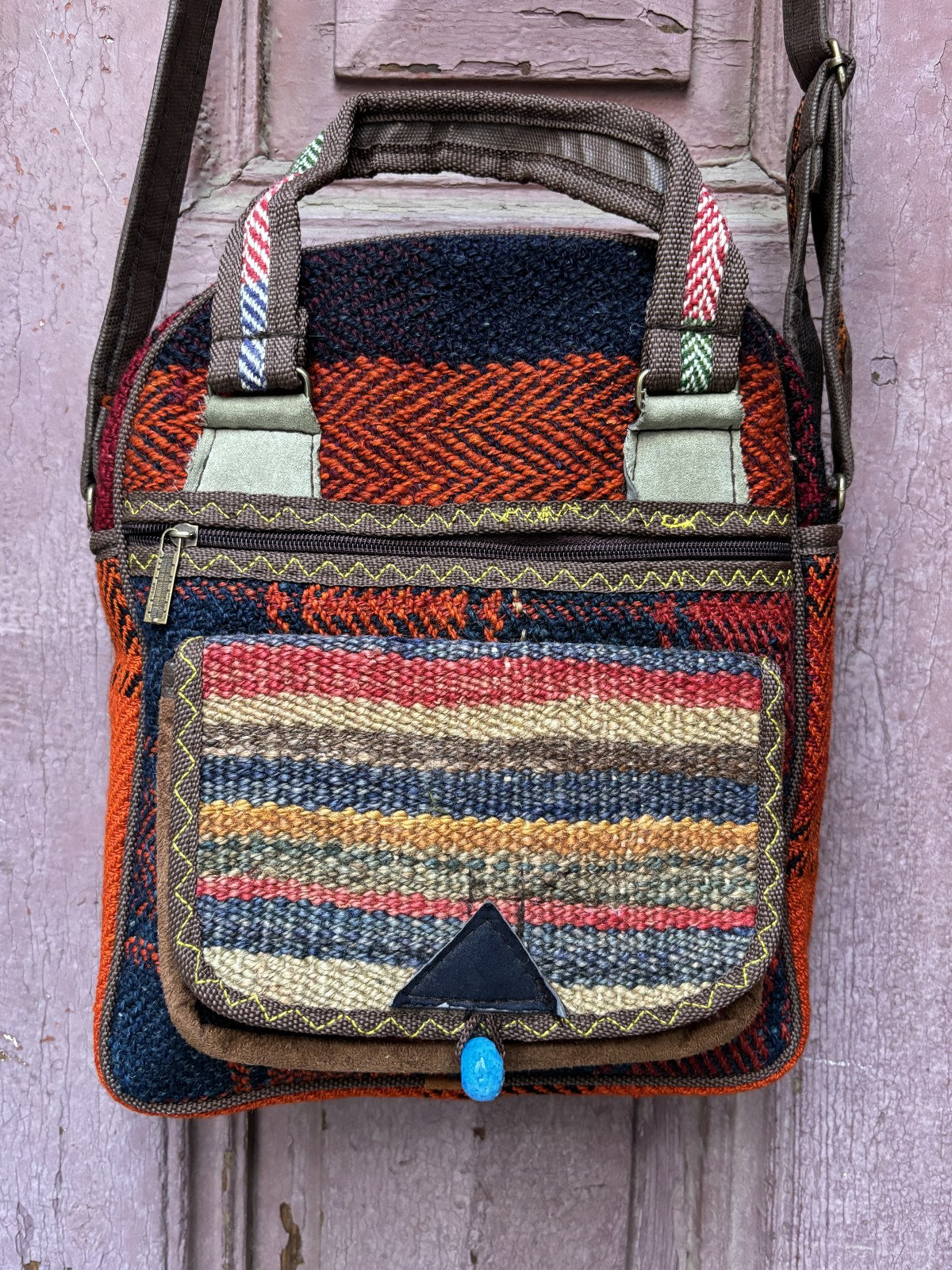 El Yapımı Kilim Çanta - Ayarlanabilir Saplı, Etnik Tasarım - Toprak
