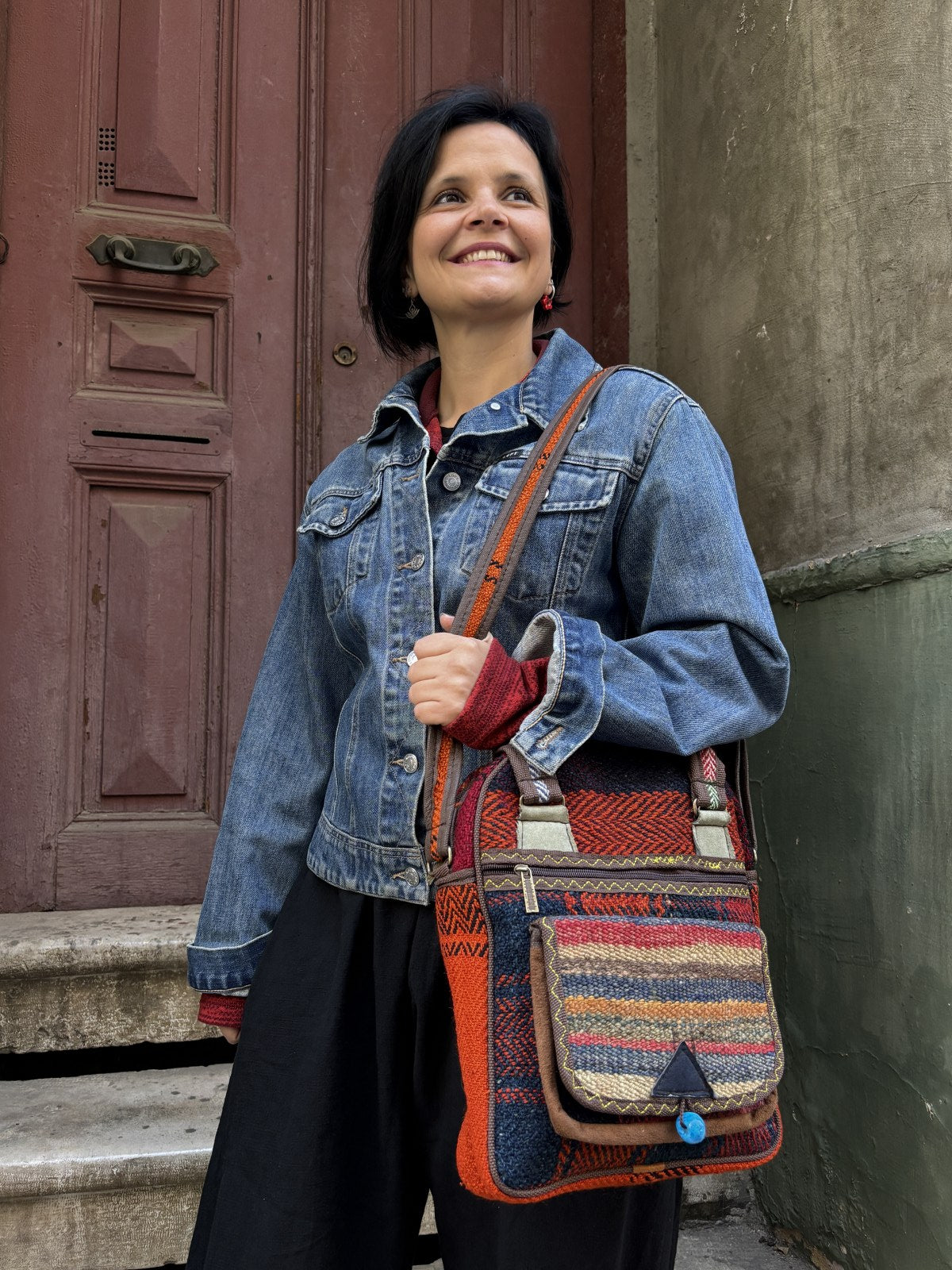 El Yapımı Kilim Çanta - Ayarlanabilir Saplı, Etnik Tasarım - Toprak
