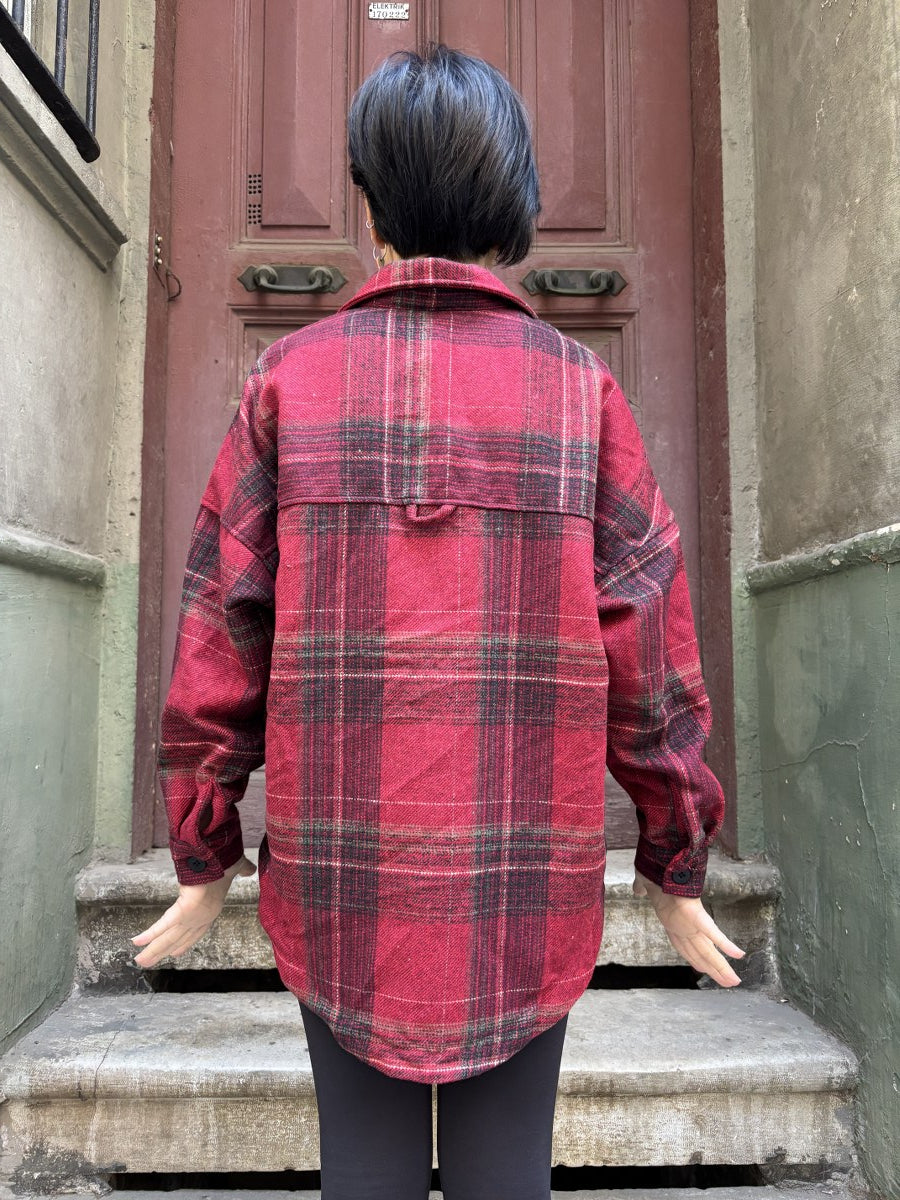 Oversize Kadın Ekoseli Oduncu Gömlek – Kırmızı