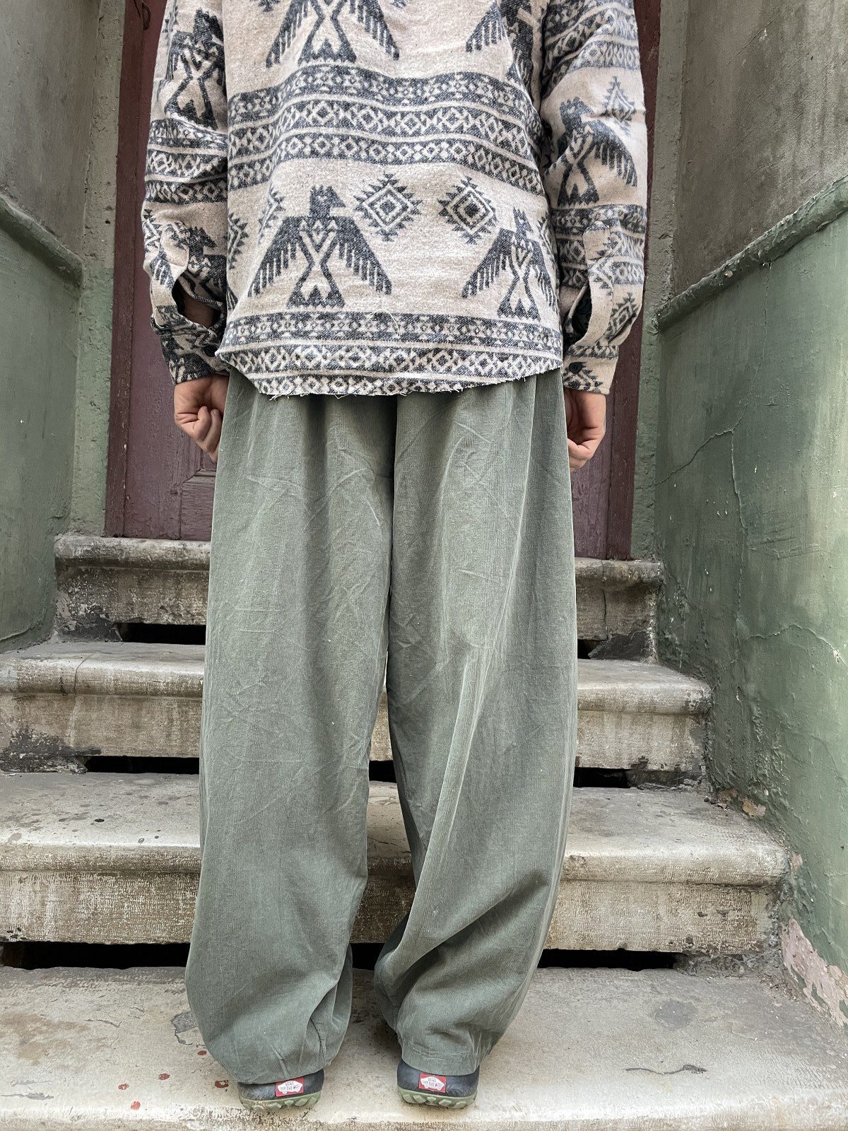 Haki Erkek Kadife Salaş Pantolon - Lastikli Bel, Cepli | S-2XL