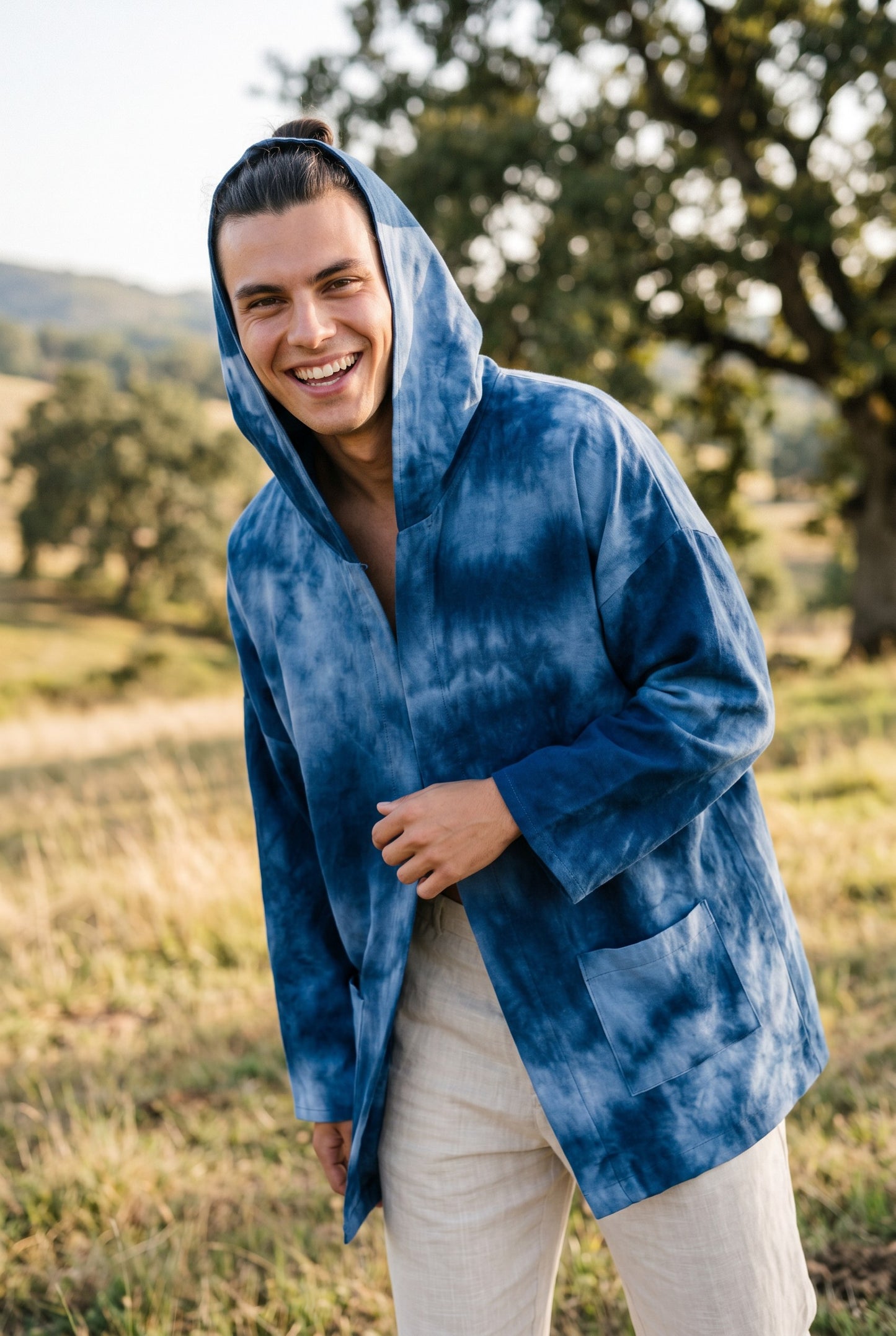 Ocean Shadow Kapüşonlu Batik Kimono – Unisex Oversize Bohem Ceket - Sürdürülebilir