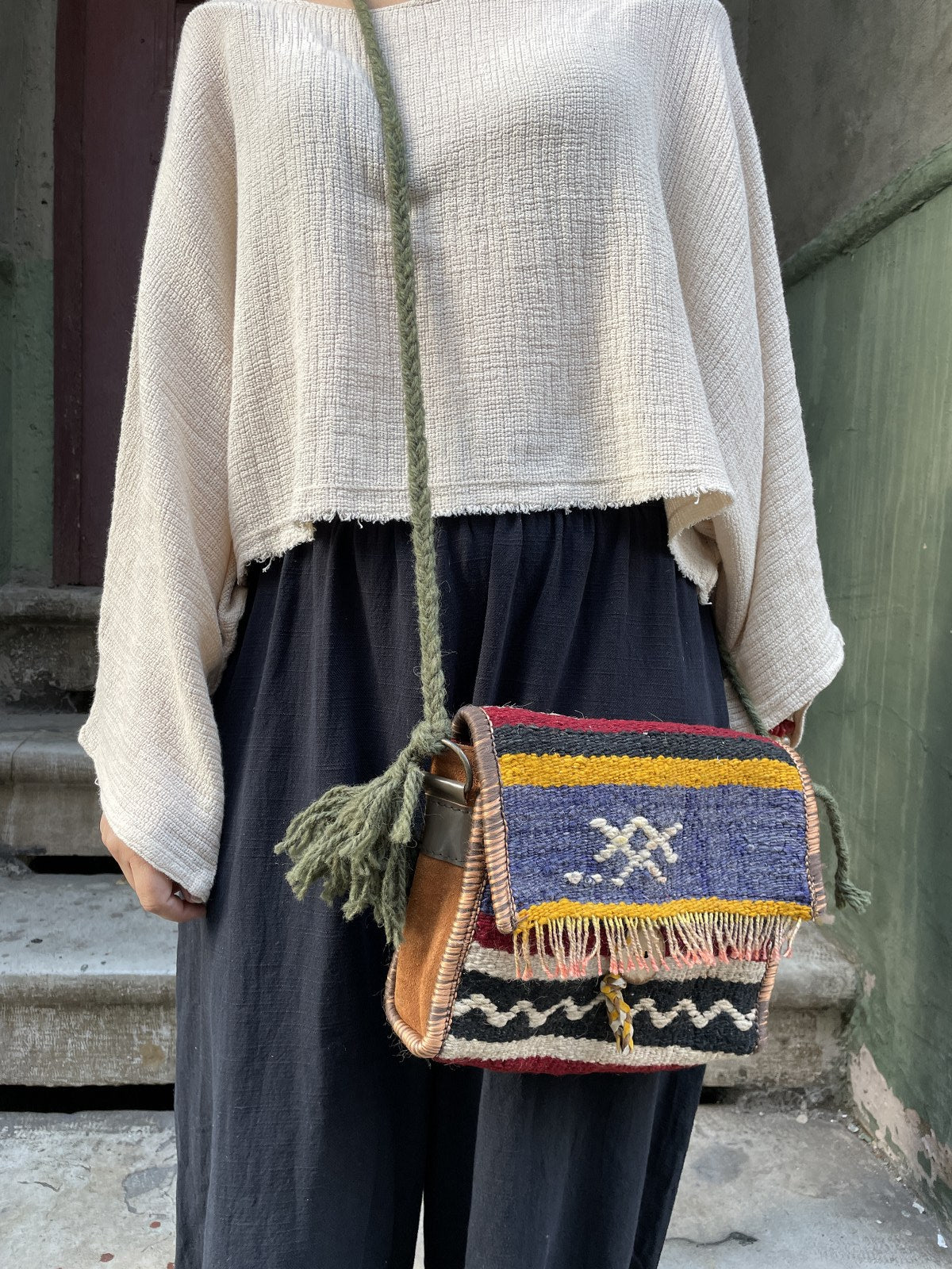 Bohem Mor Sarı Desenli Deri Kilim Omuz Çantası