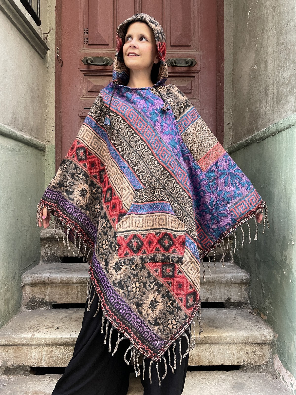 Kapüşonlu Bohem Nepal Panço - Mavi Mor Kırmızı