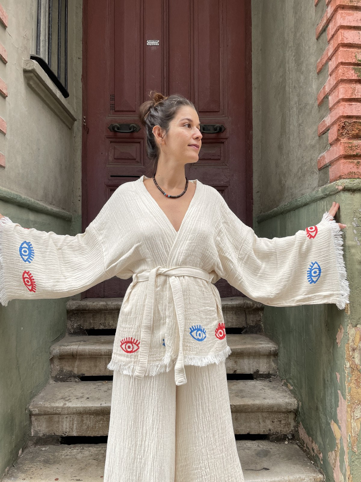 Fatma Ananın Bereket Eli Bohem Kadın Yoga Doğal Kumaş Kimono Takım Yoga Takımı