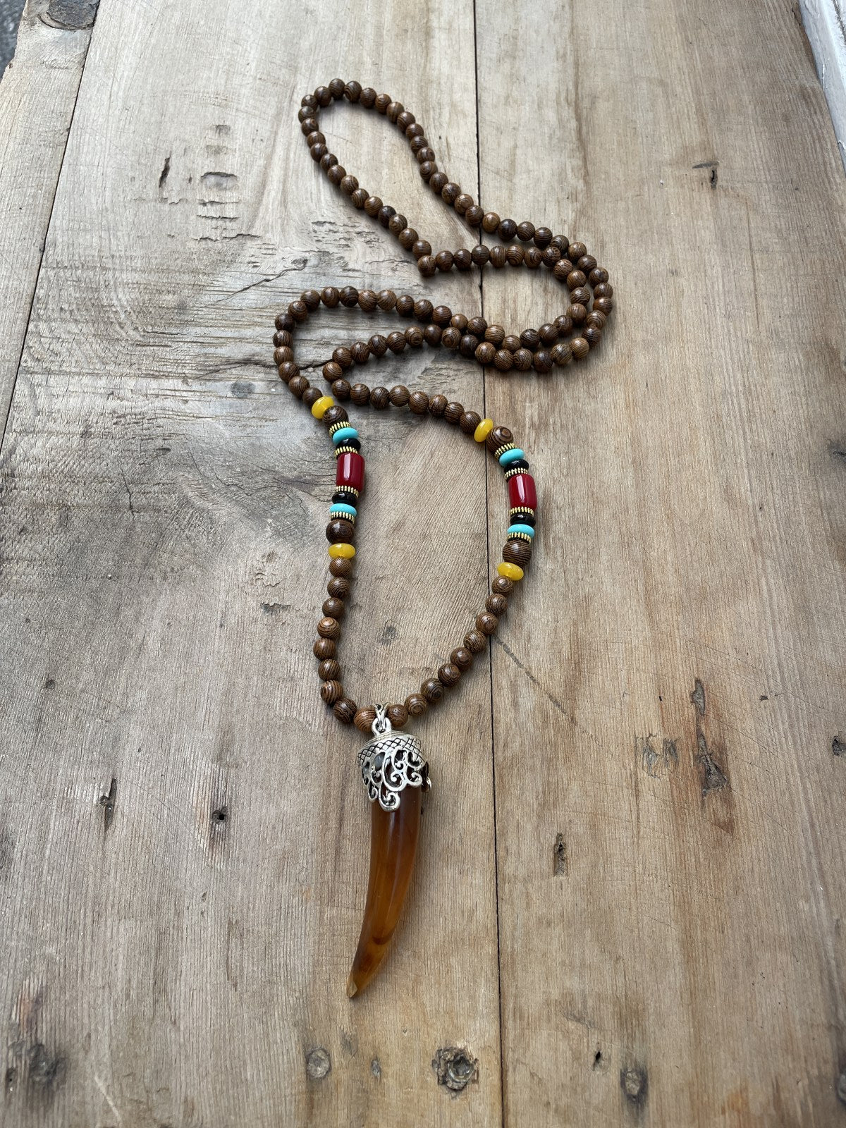 Bohem Fil Dişi Ahşap Doğal Taş Mala Kolye