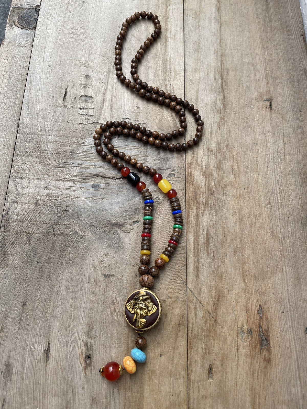 Bohem Ganesha Fil Ahşap Doğal Taş Mala Kolye