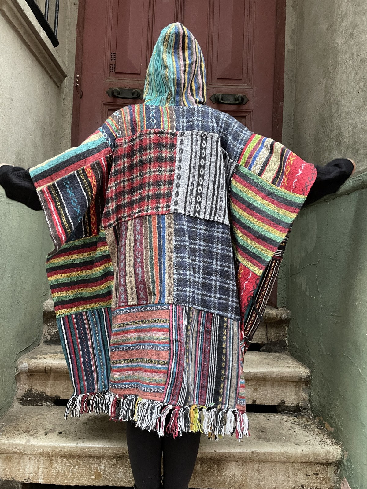 Unisex Nepal Gheri Çizgili Kilim Panço