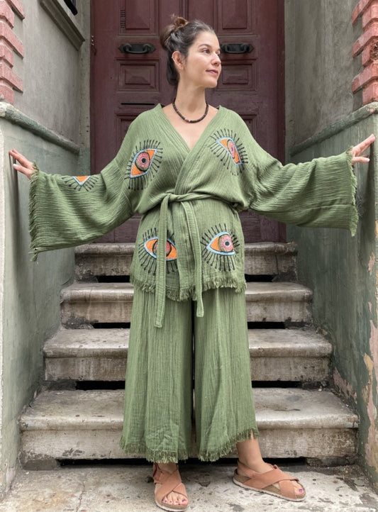 Yeşil Haki Göz Desenli Bohem Kadın Yoga Doğal Kumaş Kimono Takım Yoga Takımı