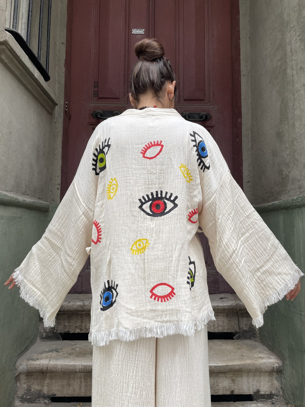Renkli Gözler Bohem Kadın Yoga Doğal Kumaş Kimono Takım Yoga Takımı