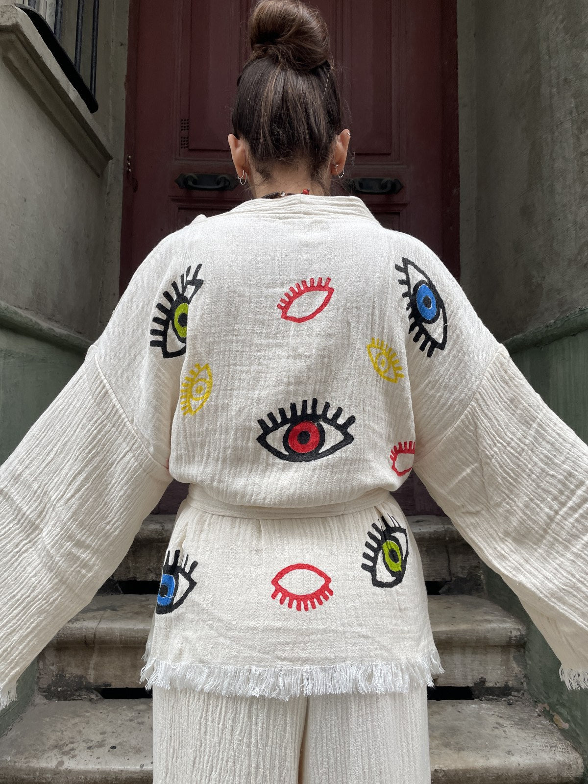 Renkli Gözler Bohem Kadın Yoga Doğal Kumaş Kimono Takım Yoga Takımı
