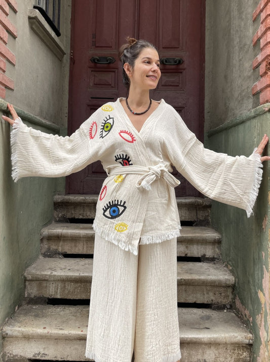 Renkli Gözler Bohem Kadın Yoga Doğal Kumaş Kimono Takım Yoga Takımı