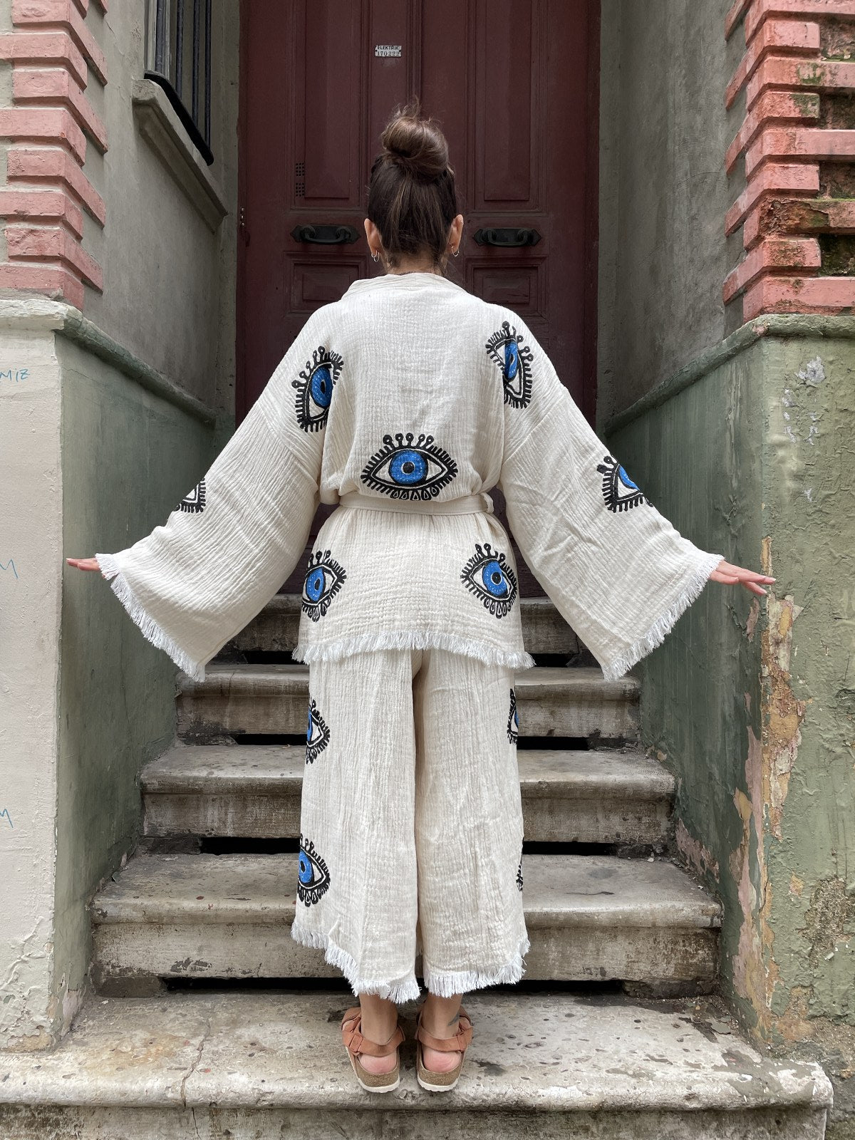 Göz Desenli Bohem Kadın Yoga Doğal Kumaş Kimono Takım Yoga Takımı
