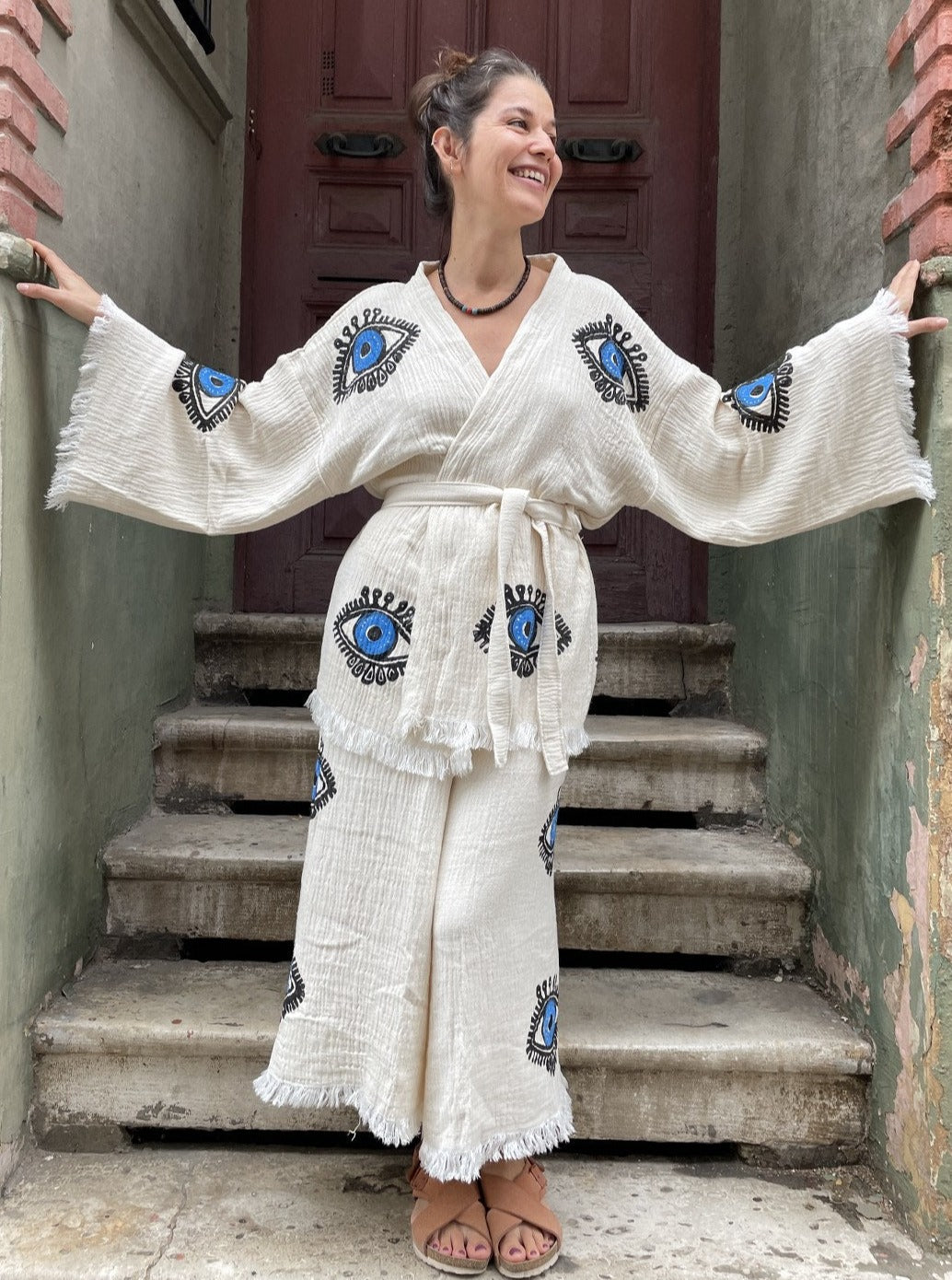 Göz Desenli Bohem Kadın Yoga Doğal Kumaş Kimono Takım Yoga Takımı