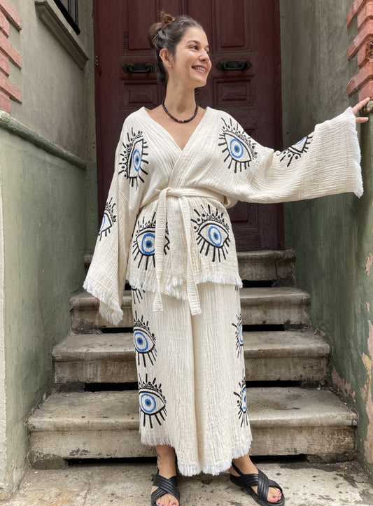 Göz Desenli Bohem Kadın Yoga Doğal Kumaş Kimono Takım Yoga Takımı