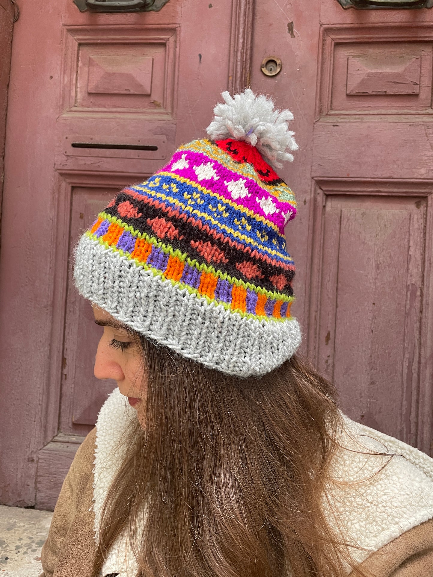 Bohem Gri Desenli Motifli Yün Bere Eldiven Takımı