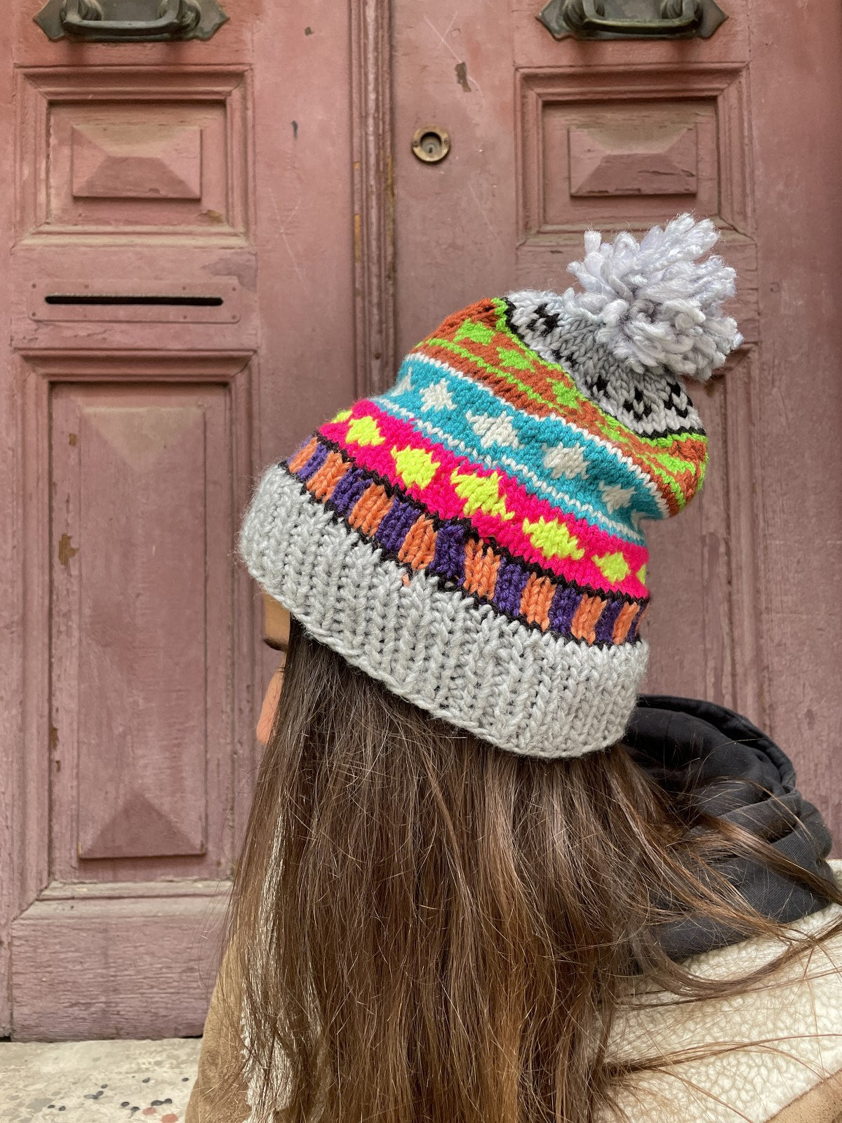 Bohem Gri Pembe Motifli Yün Bere Eldiven Takımı