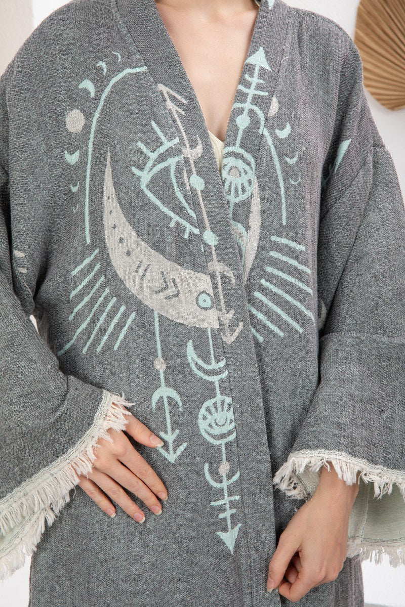 Gri Yeşil Bohem Kadın Göz Desenli Doğal Kumaş Kimono Bornoz Kaftan