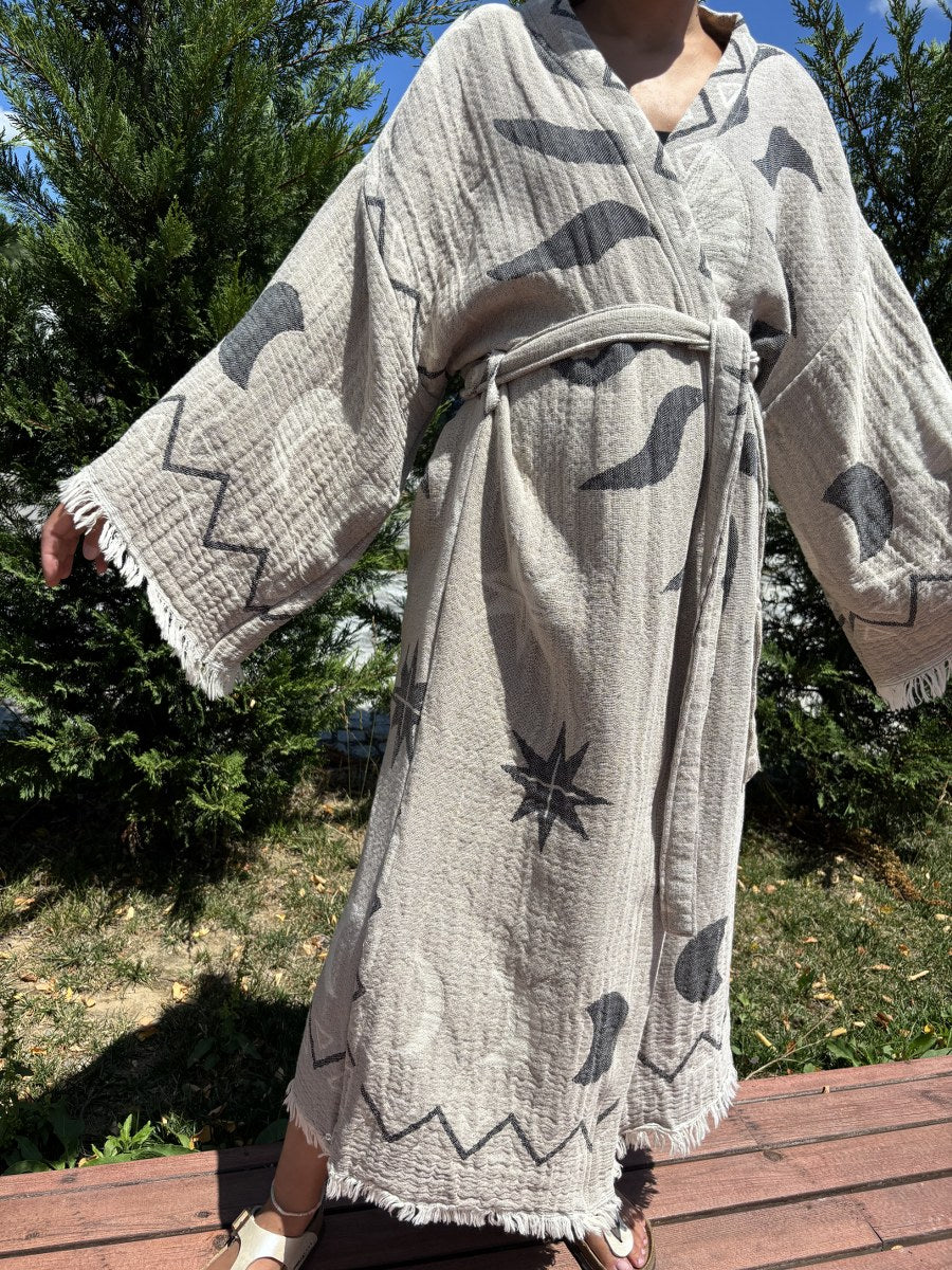 Güneş Desenli Unisex Pamuk Kaftan