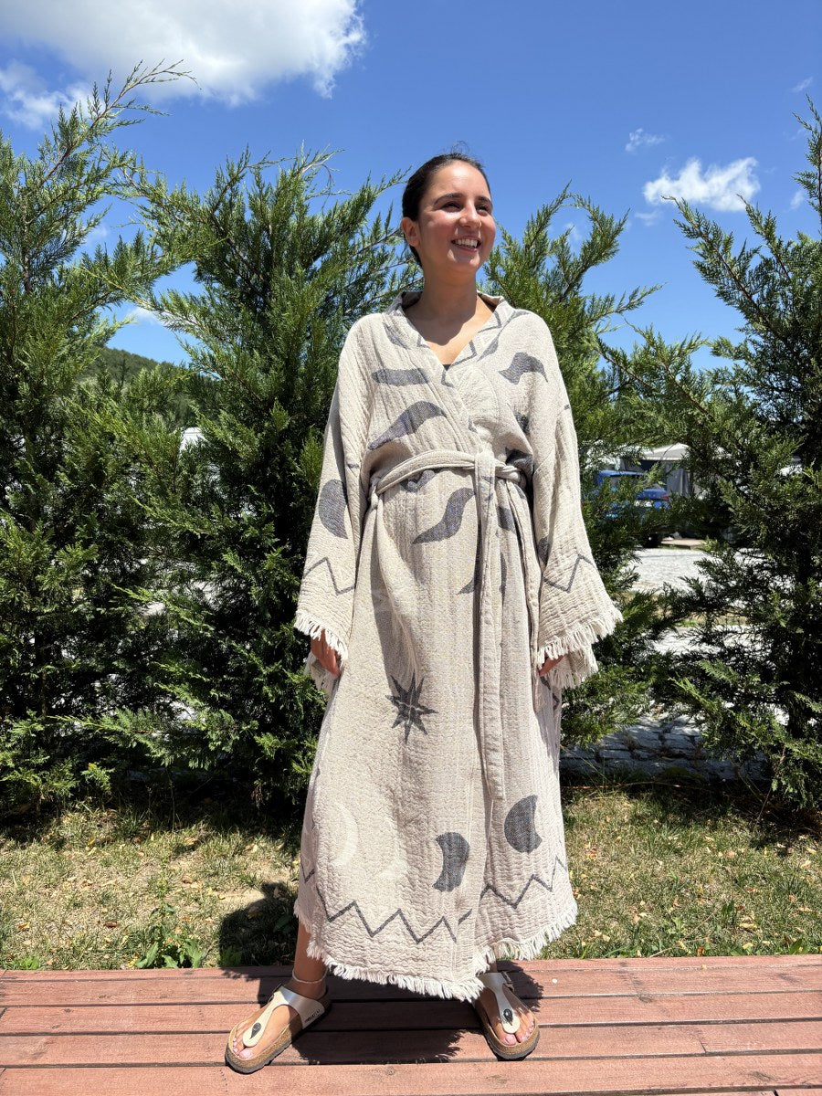 Güneş Desenli Unisex Pamuk Kaftan