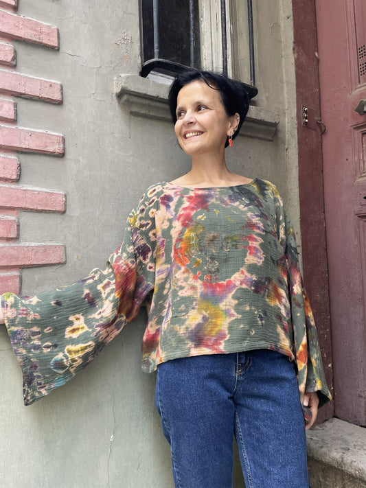Batik Müslin Bluz – “Luna” – El Boyaması Bohem Tasarım,