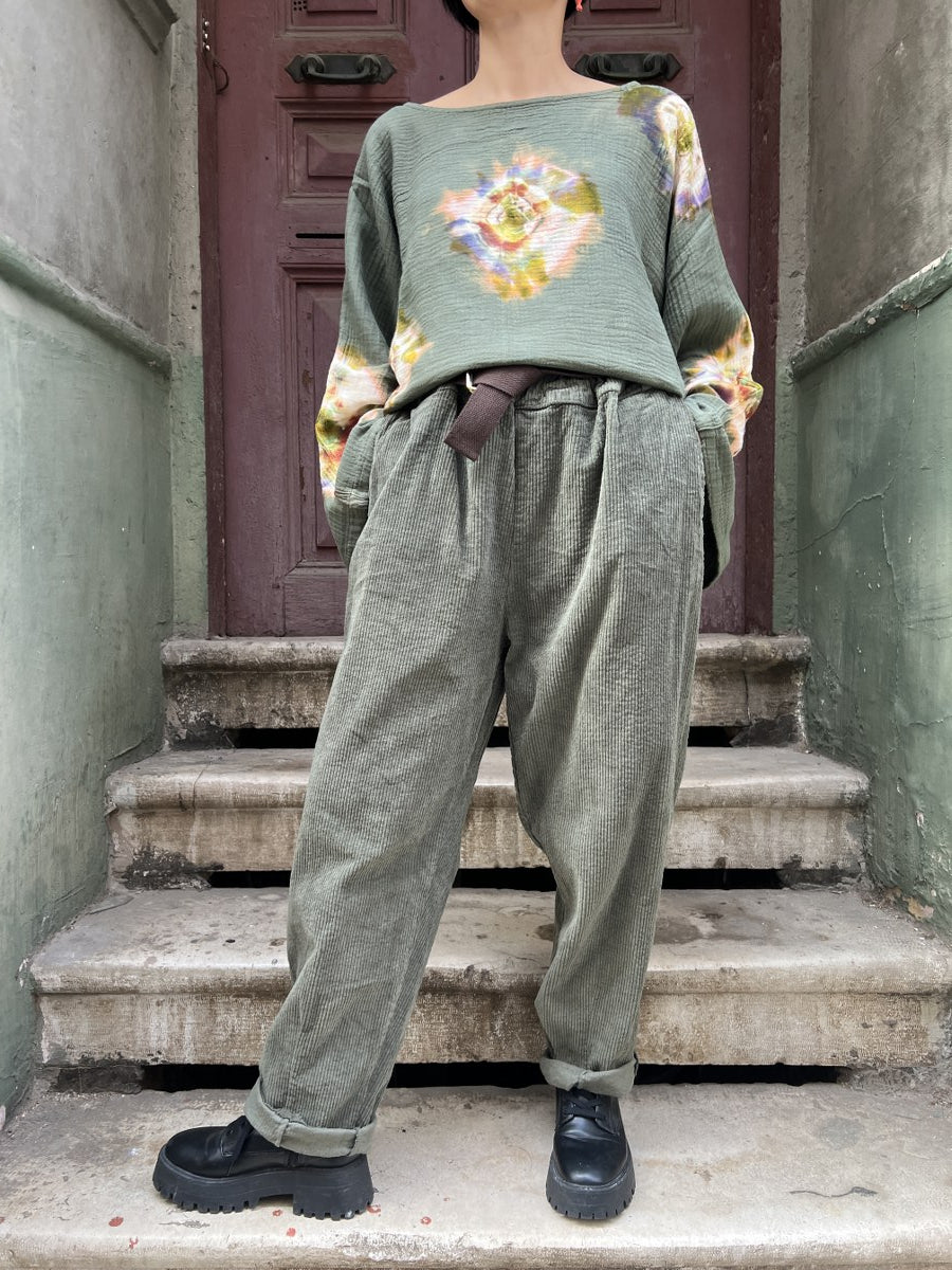 Kadın Kadife Pantolon Haki – Belden Lastikli, Cepli, Özel Kemerli