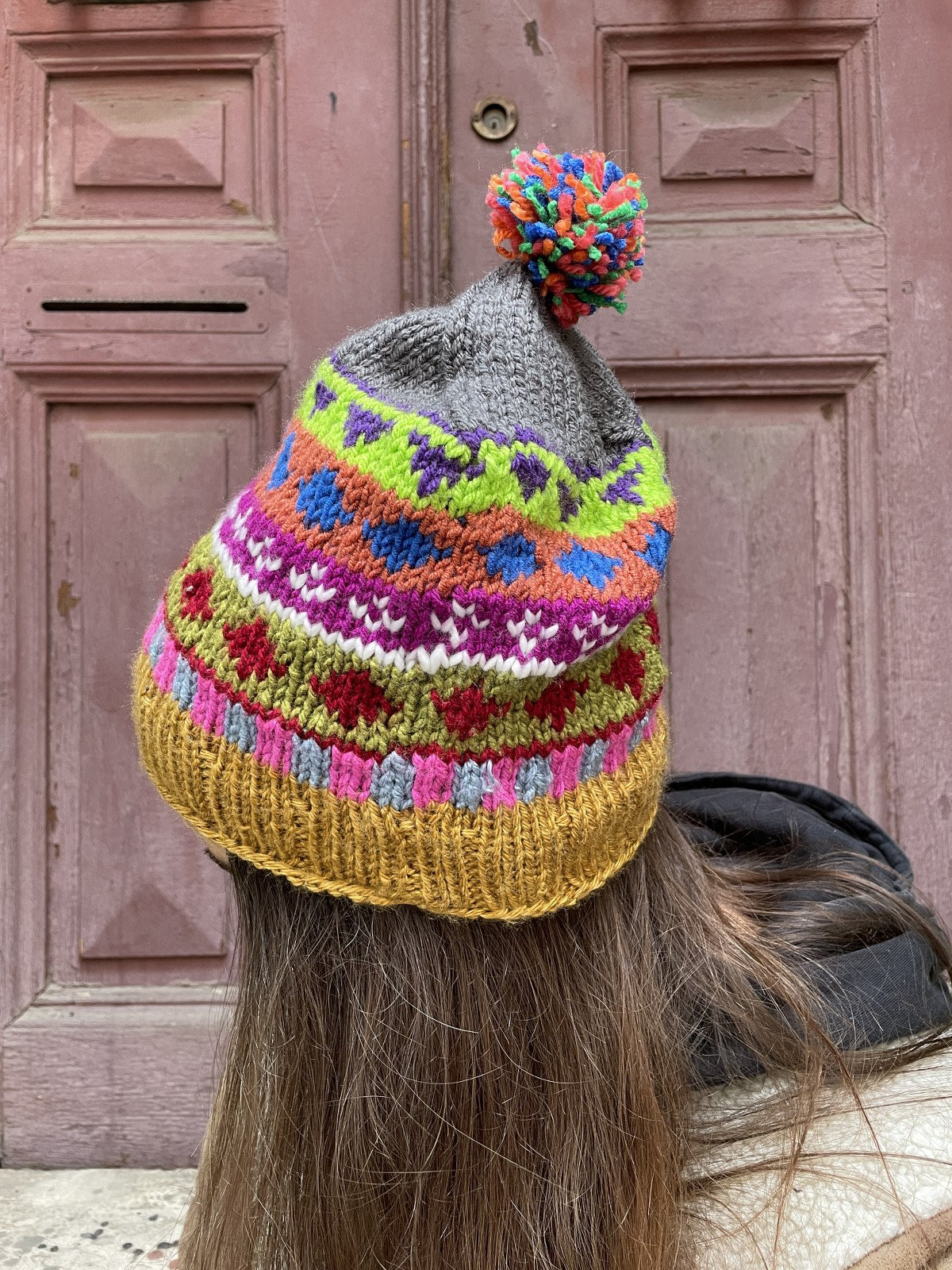 Bohem Krem Fuşya Motifli Yün Bere Eldiven Takımı