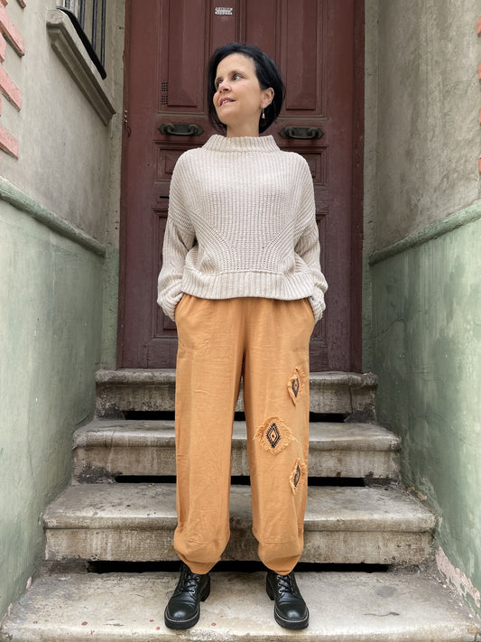 Hardal Bohem Kilim Motifli Kadın Pantolon