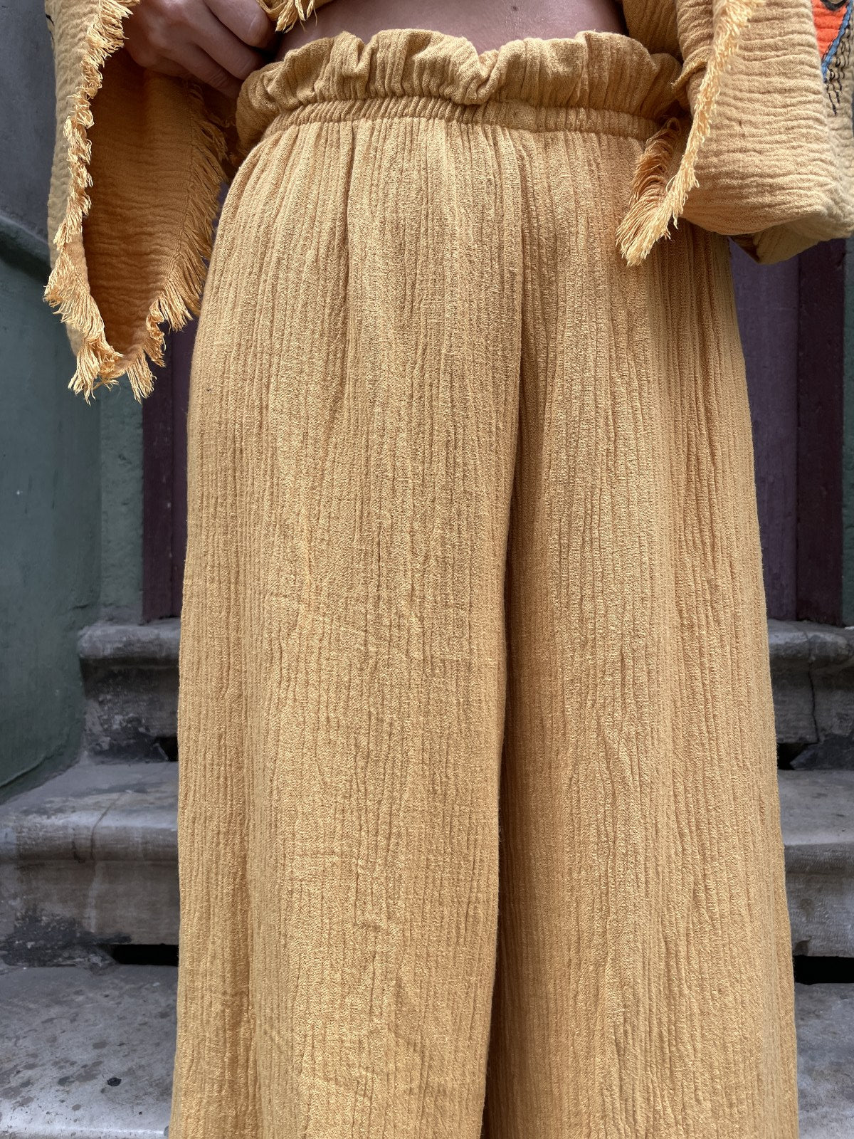 Hardal Göz Desenli Bohem Kadın Yoga Doğal Kumaş Kimono Takım Yoga Takımı