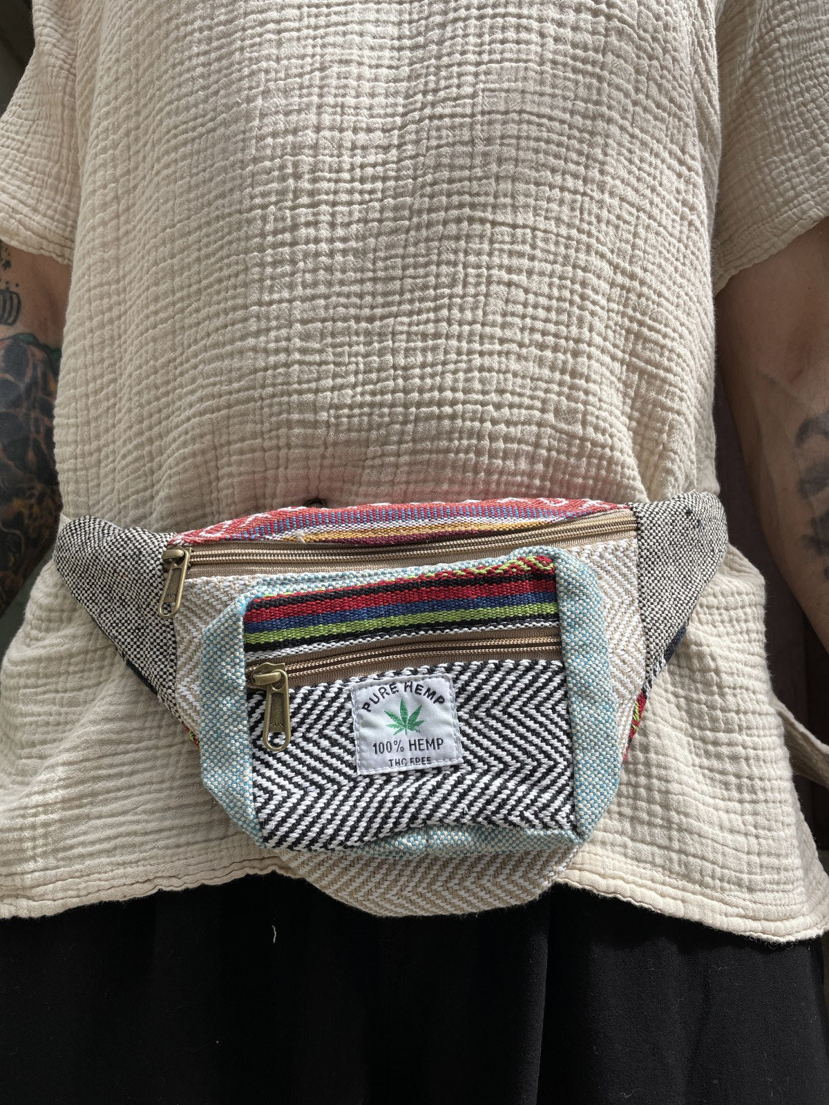 Pure Hemp Krem Desenli Bel Çantası