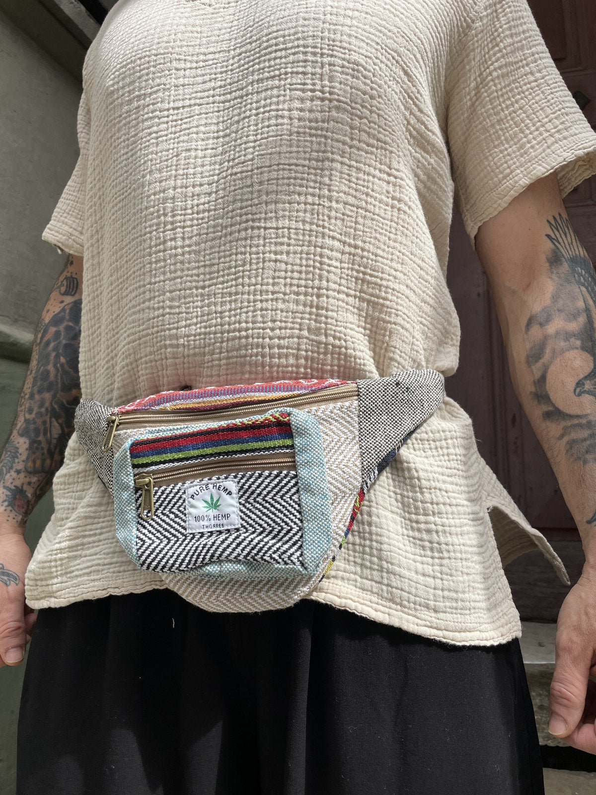 Pure Hemp Krem Desenli Bel Çantası