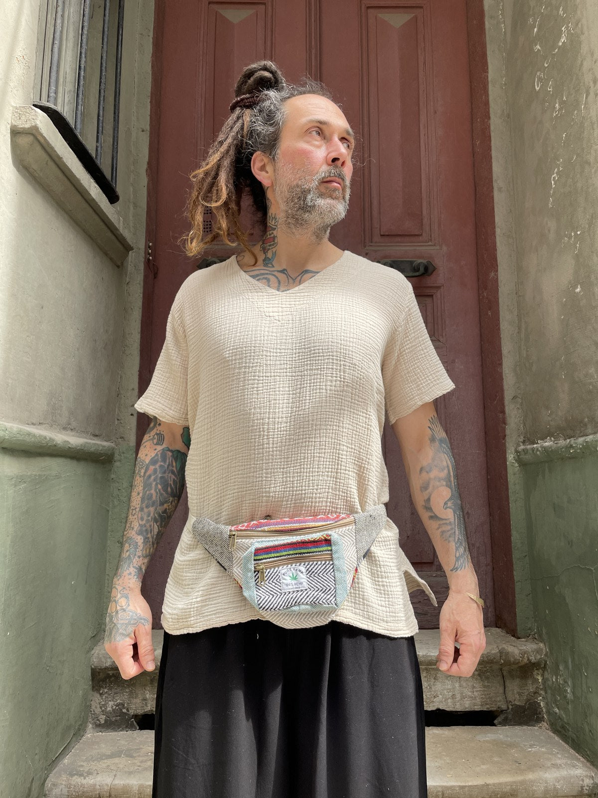 Pure Hemp Krem Desenli Bel Çantası