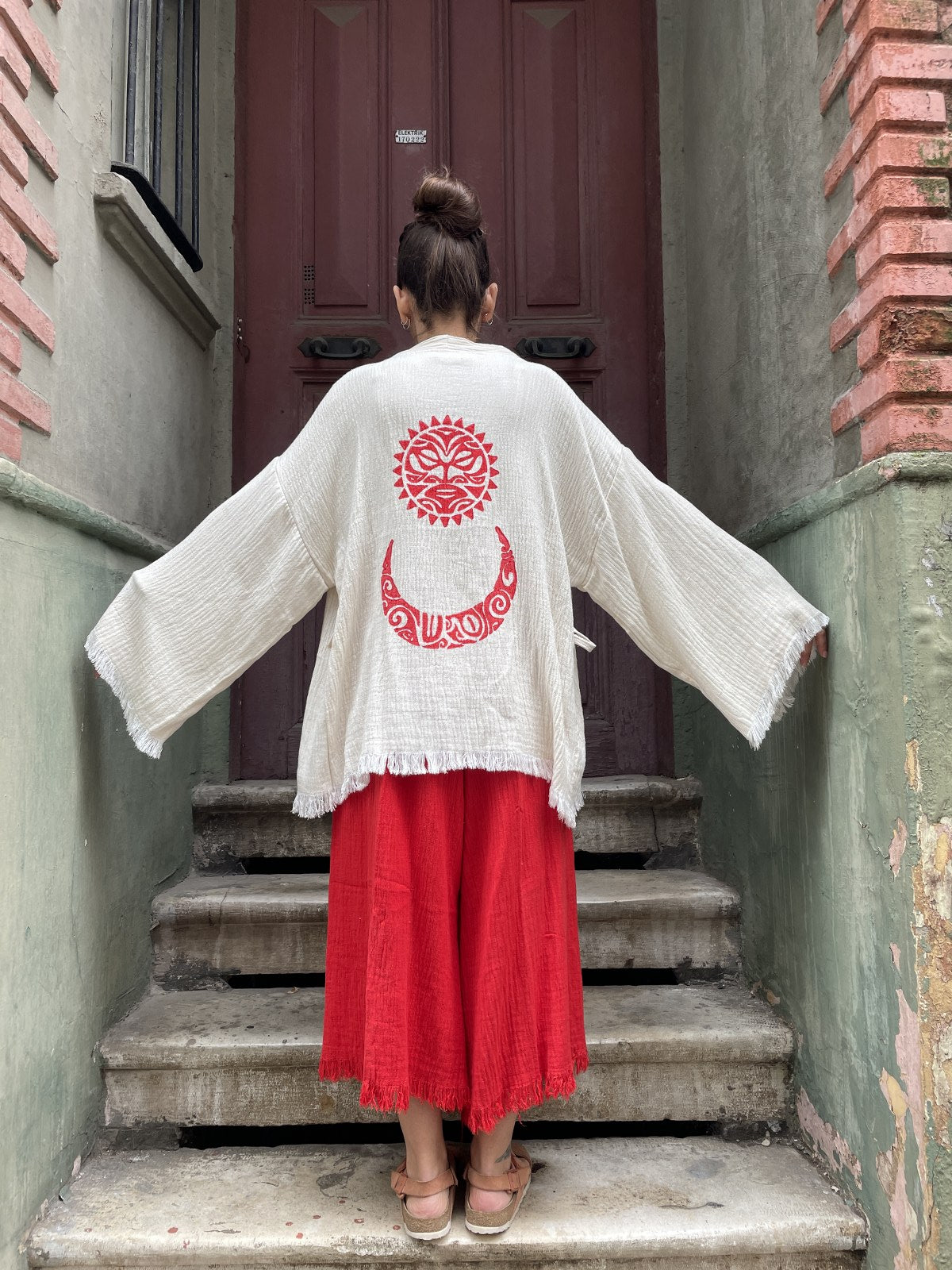 Kırmızı Güneş Bohem Kadın Yoga Doğal Kumaş Kimono Takım Yoga Takımı