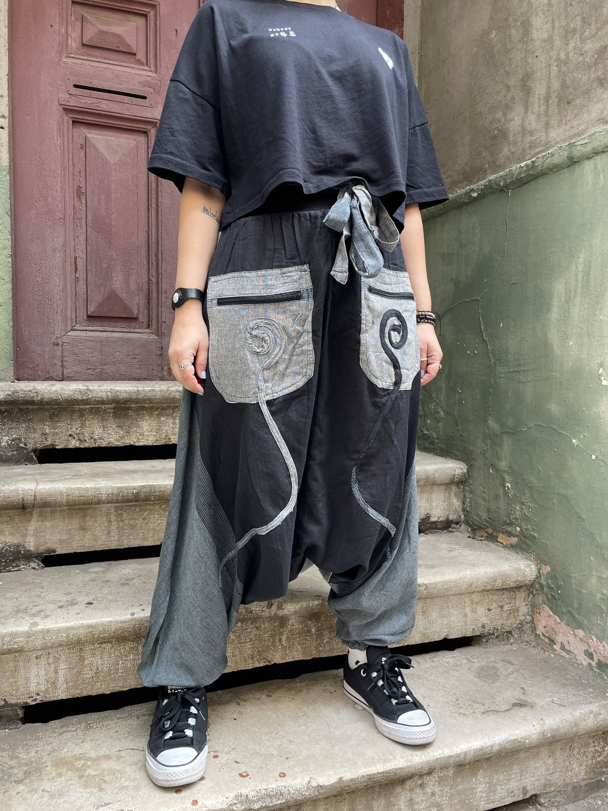 Unisex Renkli Nepal Şalvar Pantolon – Siyah Gri
