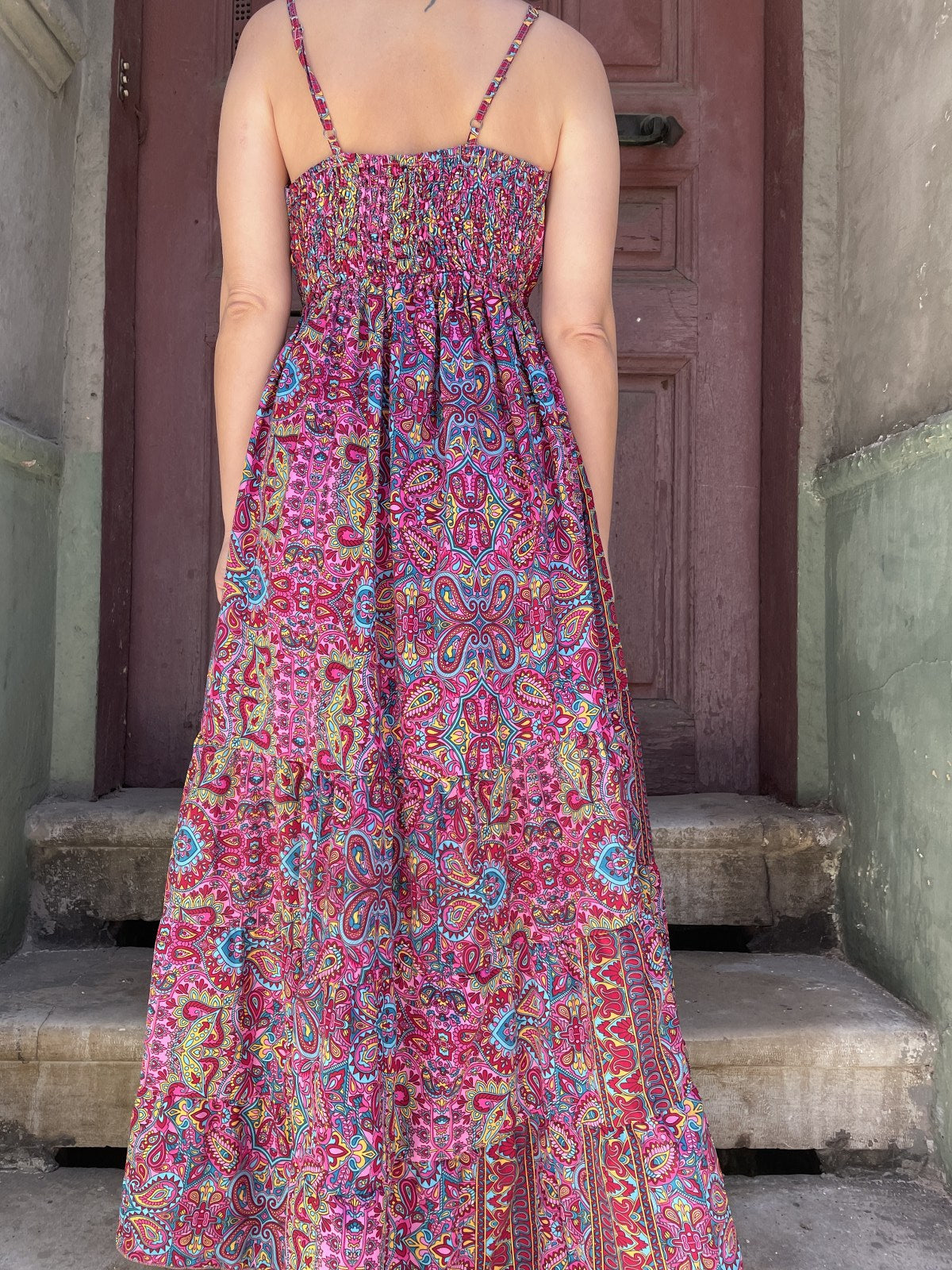 Bohem Nepal Askılı Kol Pembe İpek Elbise