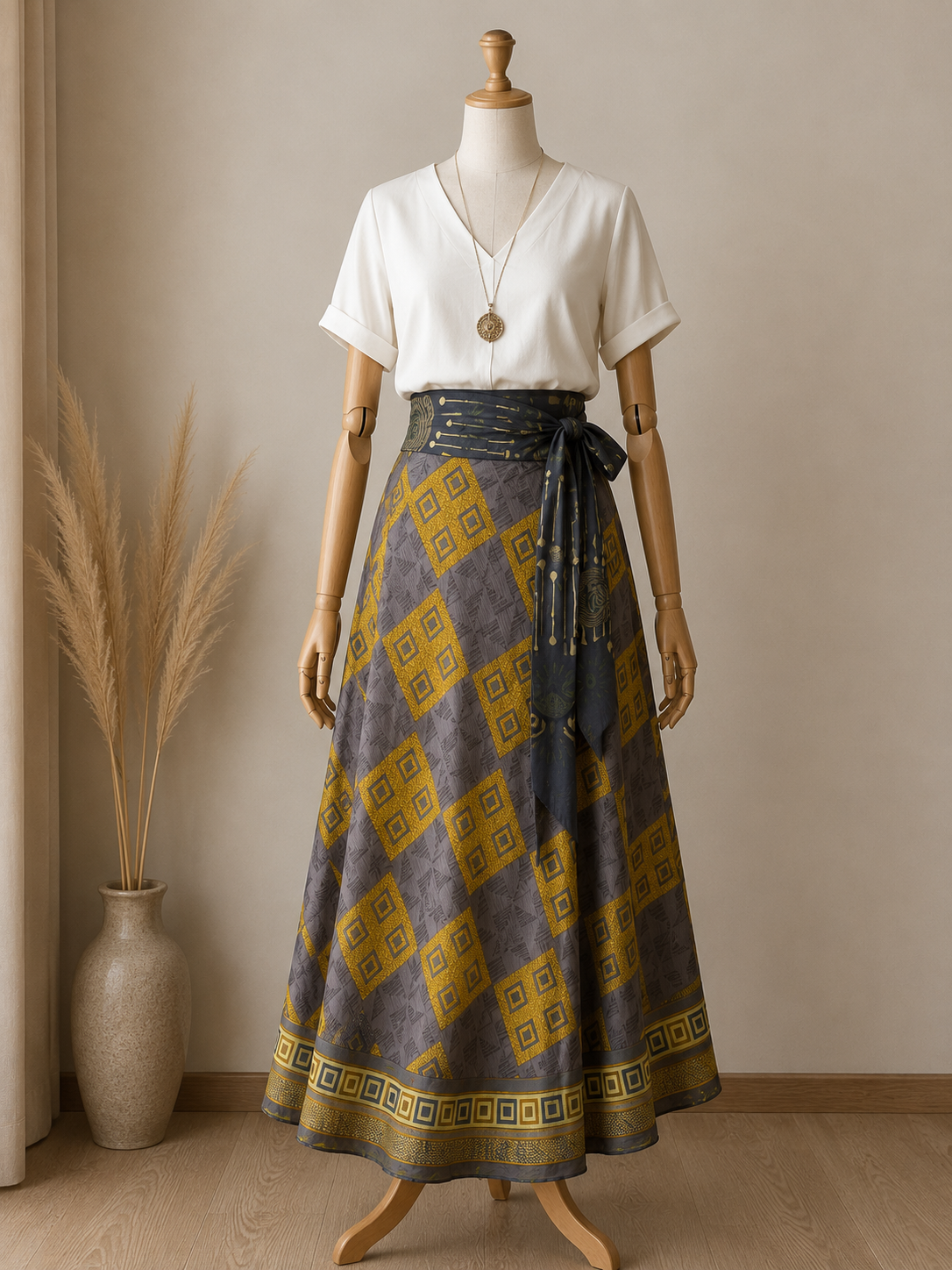 Çift Taraflı Bağlamalı İpek Etek Sarong – Füme Sarı Desenli