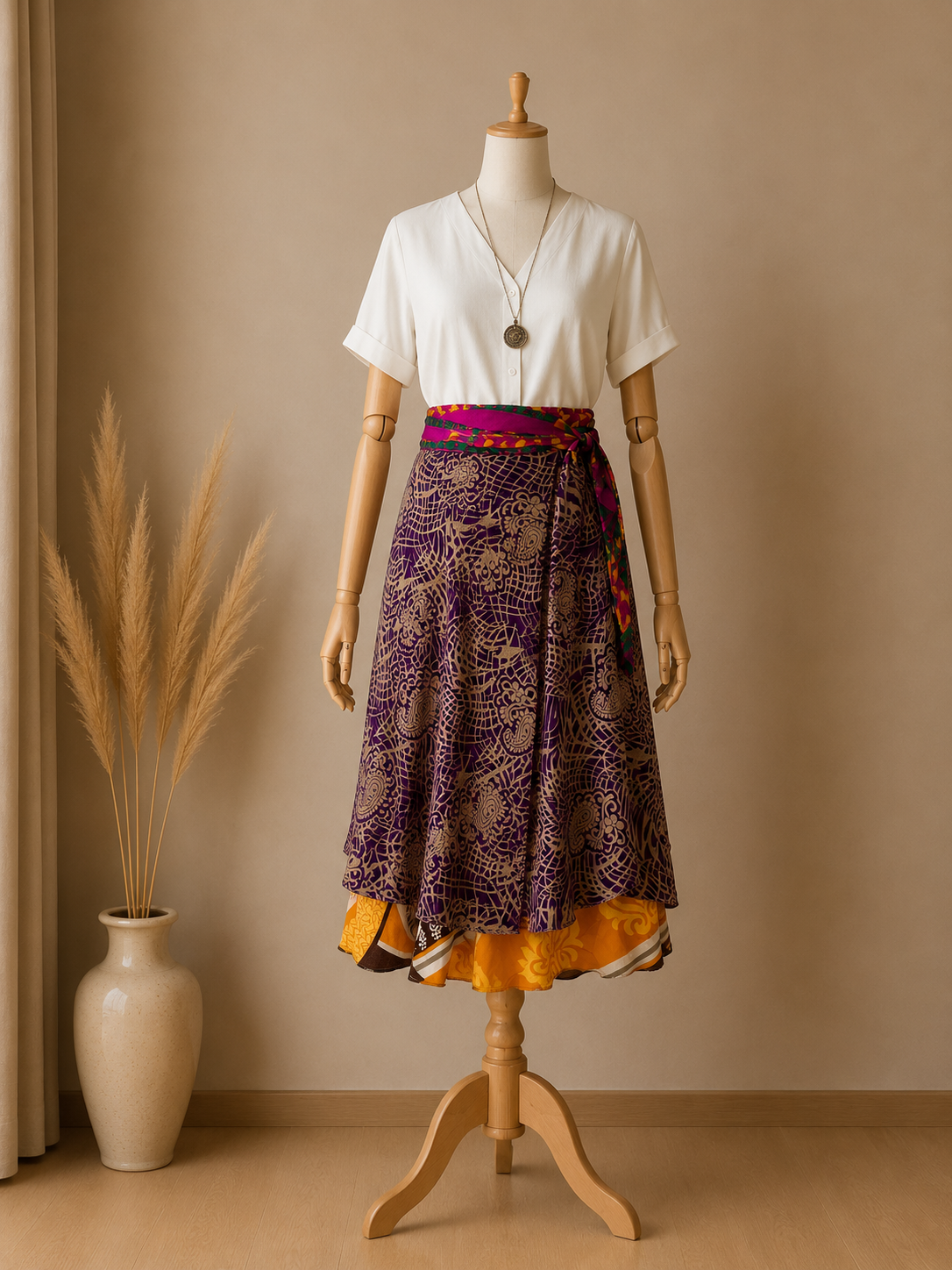 Çift Taraflı Bağlamalı İpek Etek Sarong – Sarı Pembe Desenli