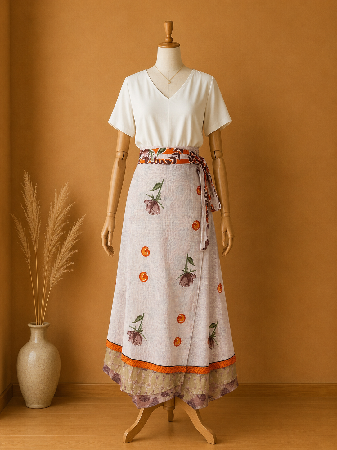Çift Taraflı Bağlamalı İpek Etek Sarong – Soft Çiçek Desenli