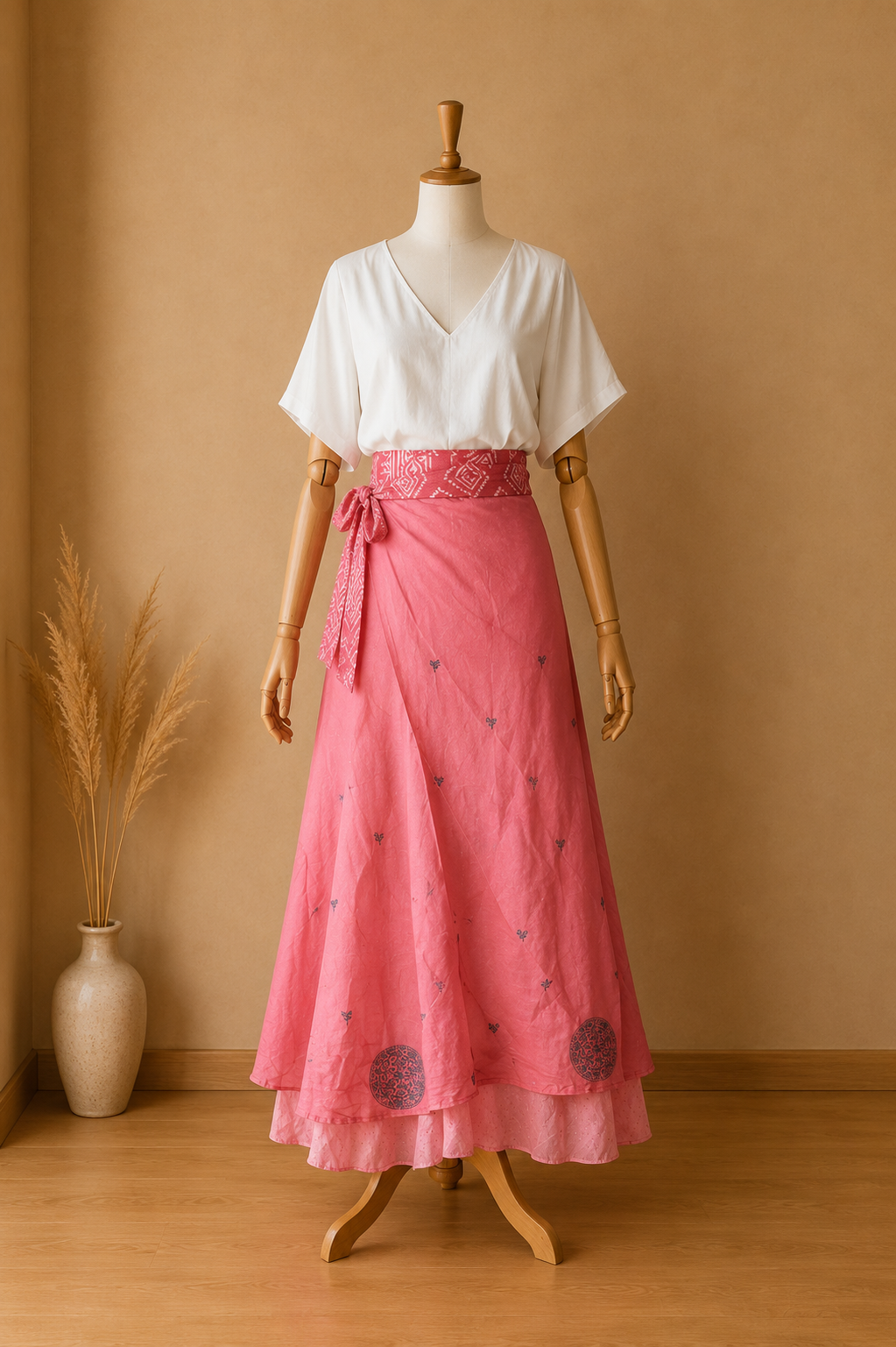 Çift Taraflı Bağlamalı İpek Etek Sarong – Gül Kurusu Pembe Desenli