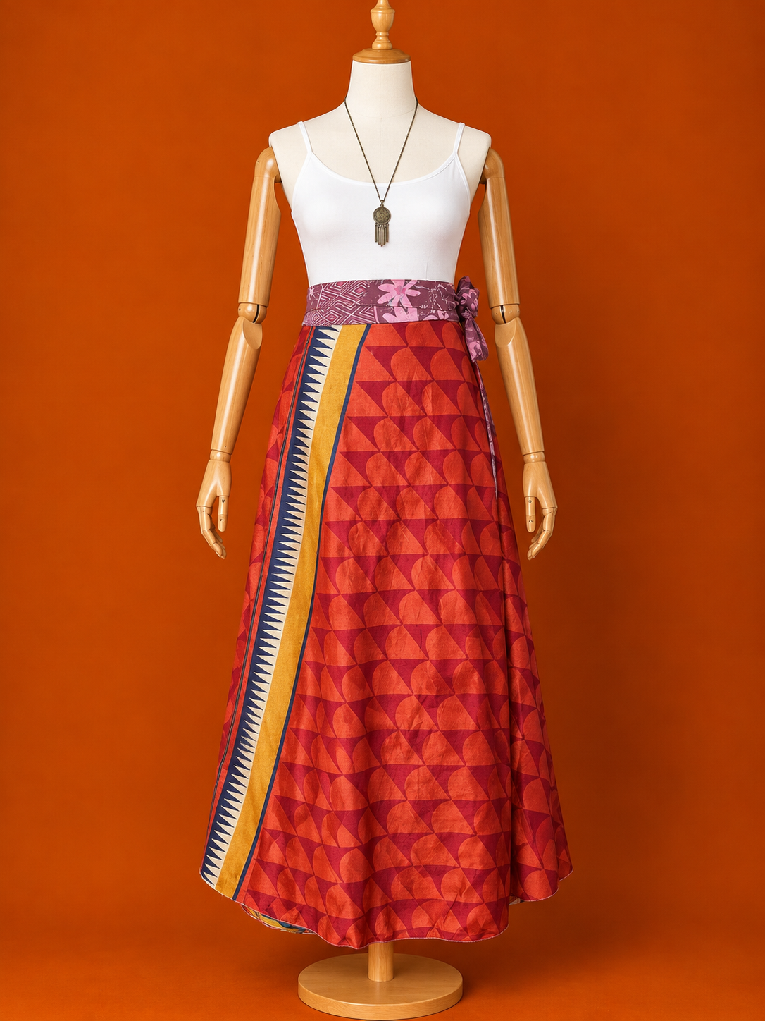 Çift Taraflı Uzun İpek Etek – Lila Çiçek Desenli Bohem Sarong Etek ve Elbise