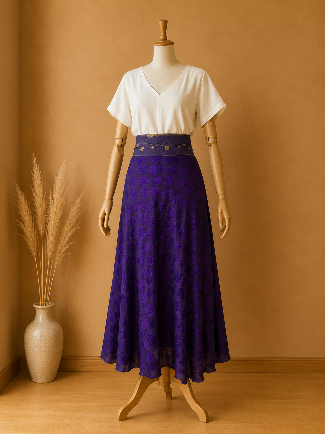 Çift Taraflı Bağlamalı İpek Etek Sarong – Saks Desenli